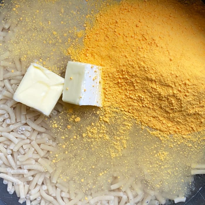 tiktok mac and cheese ingredients in saucepan
