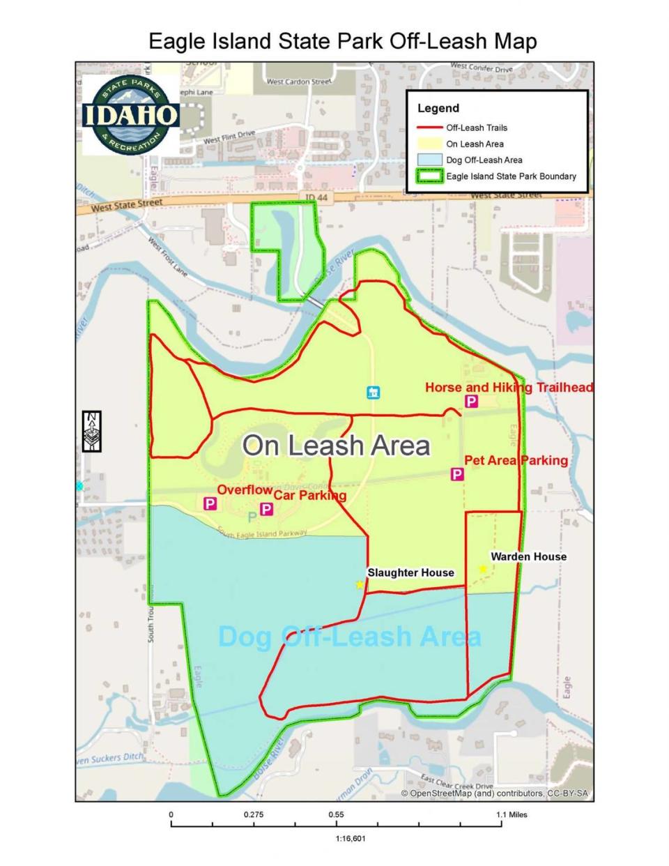 A map shows where dogs will be allowed off-leash and required to be leashed at Eagle Island State Park as part of a new pilot program.