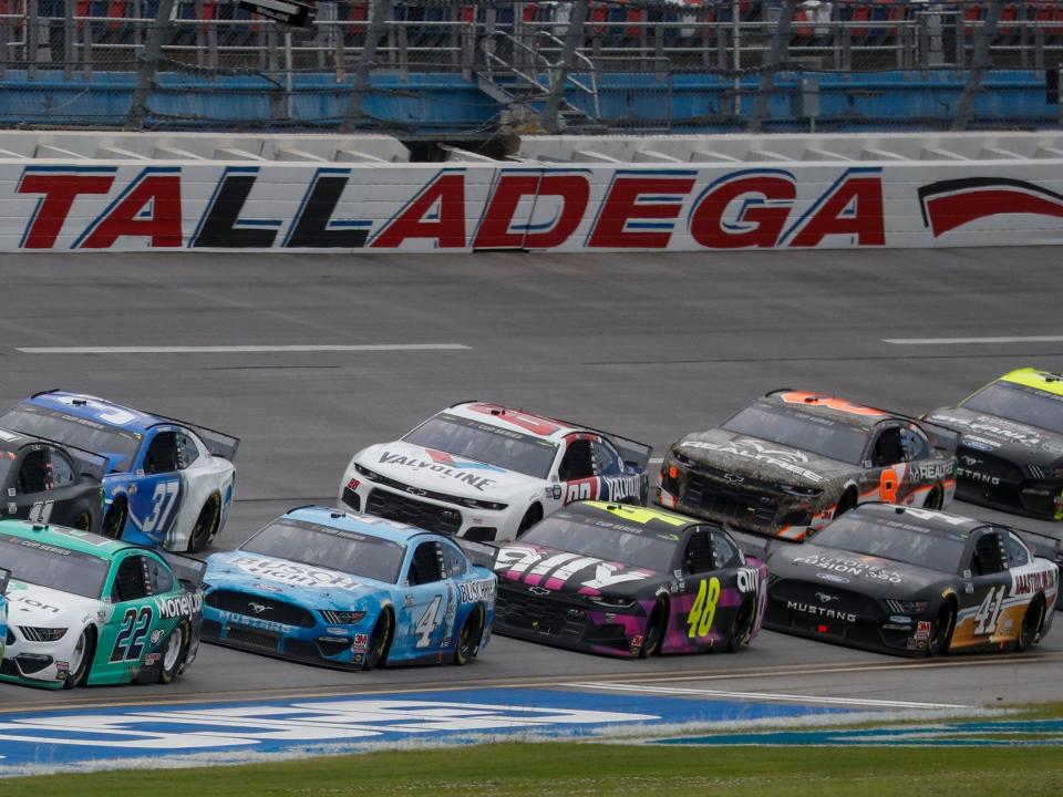 Monster Energy NASCAR Cup Series driver Bubba Wallace (43) leads the pack during a NASCAR Cup Series auto race at Talladega Superspeedway in Talladega Ala., Monday, June 22, 2020. (AP Photo/John Bazemore)