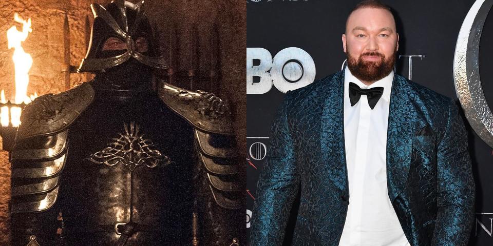 <p>From left: Bjornsson as Gregor Clegane in Season 7, Episode 3, "The Queen's Justice"; Bjornsson at the <em>GoT</em> Season 8 premiere on April 3, 2019. </p>