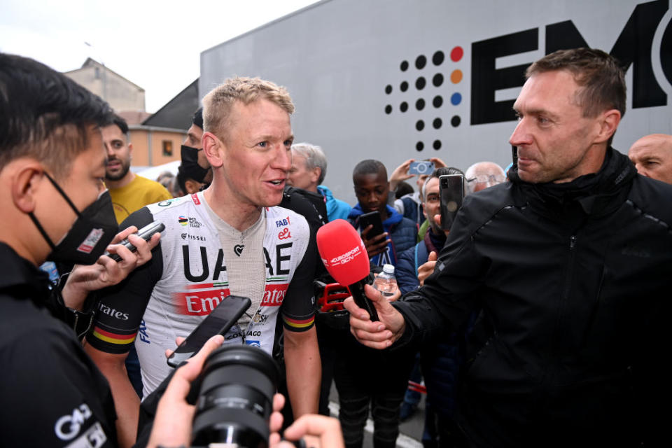 TORTONA ITALY  MAY 17 Stage winner Pascal Ackermann of Germany and UAE Team Emirates attends to the media press after the 106th Giro dItalia 2023 Stage 11 a 219km stage from Camaiore to Tortona  UCIWT  on May 17 2023 in Tortona Italy Photo by Tim de WaeleGetty Images