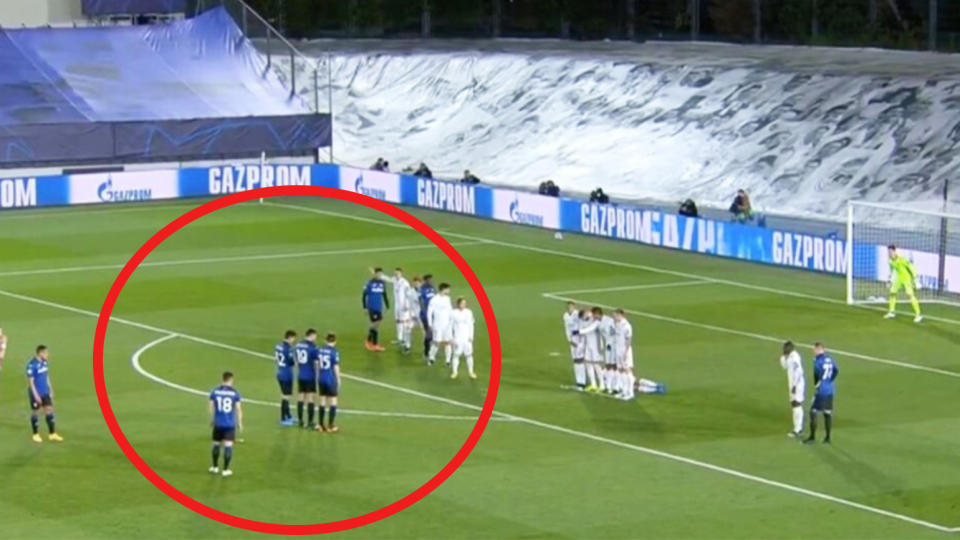 Atalanta's Muriel lines-up a free-kick against Real Madrid in the Champions League.