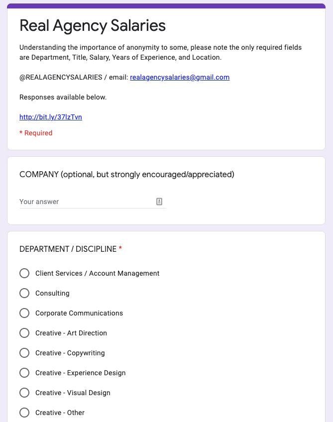 A screenshot of the Google Form collecting salary information for workers in creative agencies. (Photo: <a href="https://docs.google.com/forms/d/e/1FAIpQLSdQXrjBKBWHTpGInnBoTj-9eElZY0zsK5Me53ARR5OMpRE1vg/viewform" target="_blank">Real Agency Salaries</a>)