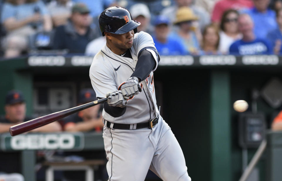 Detroit Tigers' Jonathan Schoop hits a two-run home run against the Kansas City Royals during the third inning of a baseball game in Kansas City, Mo., Tuesday, June 15, 2021. (AP Photo/Reed Hoffmann)