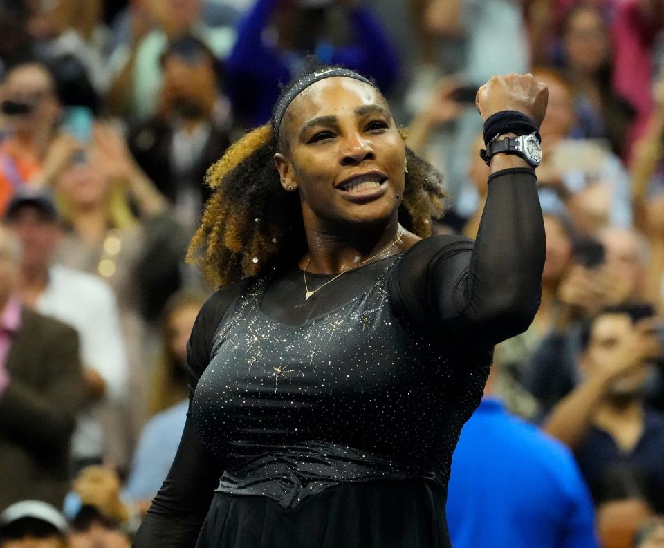 Serena Williams reacts after beating Anett Kontaveit in the second round of the U.S. Open.