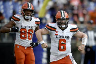 Cleveland Browns quarterback Baker Mayfield (6) gestures after a play against the Baltimore Ravens during the second half of an NFL football game Sunday, Sept. 29, 2019, in Baltimore. The Browns won 40-25. (AP Photo/Gail Burton)