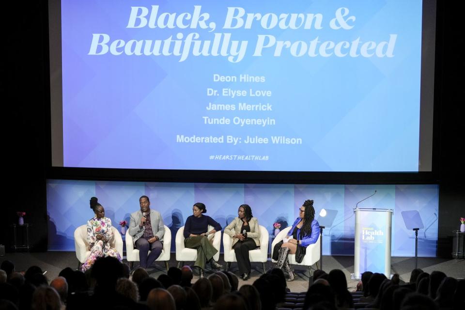 new york, new york may 15 l r tunde oyeneyin, james merrick, dr elyse love, deon hines and julee wilson speak onstage during the womens health hosts inaugural health lab at hearst tower on may 15, 2024 in new york city photo by ilya s savenokgetty images for hearst