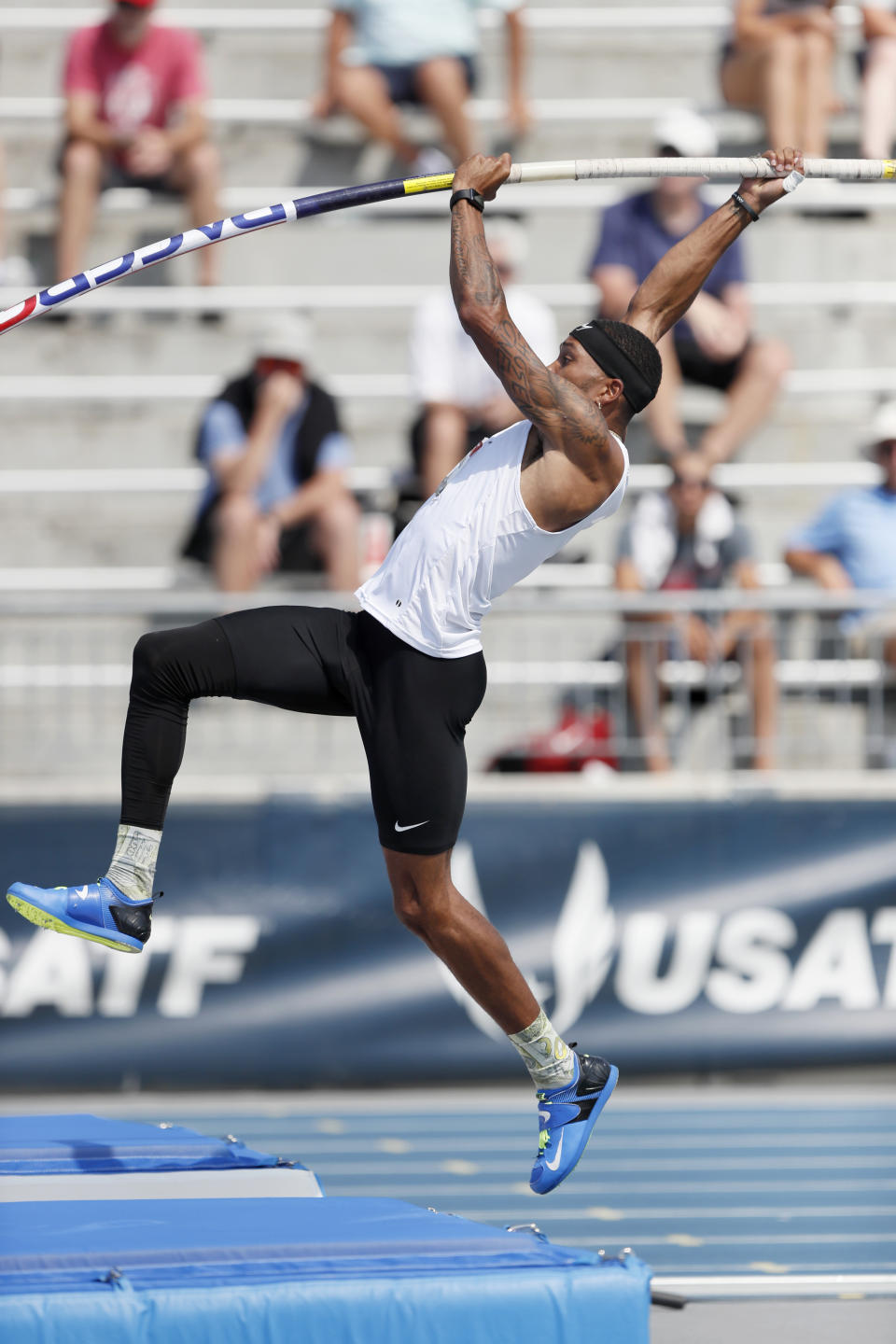 Devon Williams competes during the decathlon pole vault at the U.S. Championships athletics meet, Friday, July 26, 2019, in Des Moines, Iowa. (AP Photo/Charlie Neibergall)