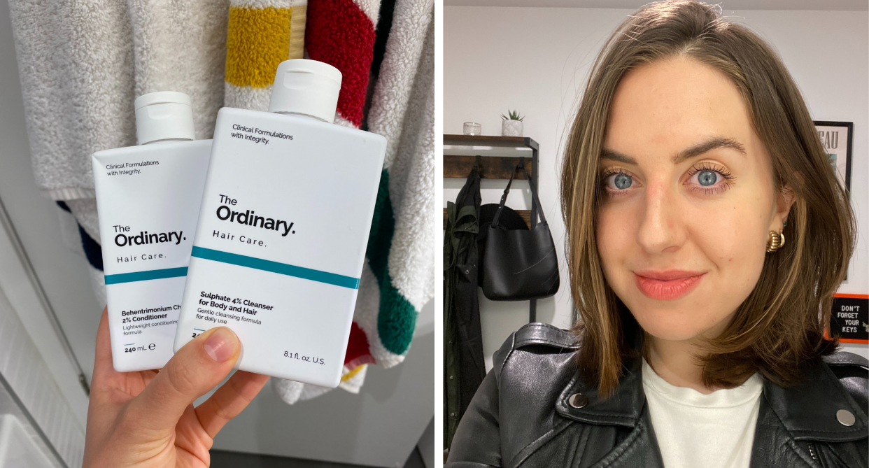 hand holding the ordinary hair care cleanser and conditioner and brunette woman wearing white t-shirt and leather jacket