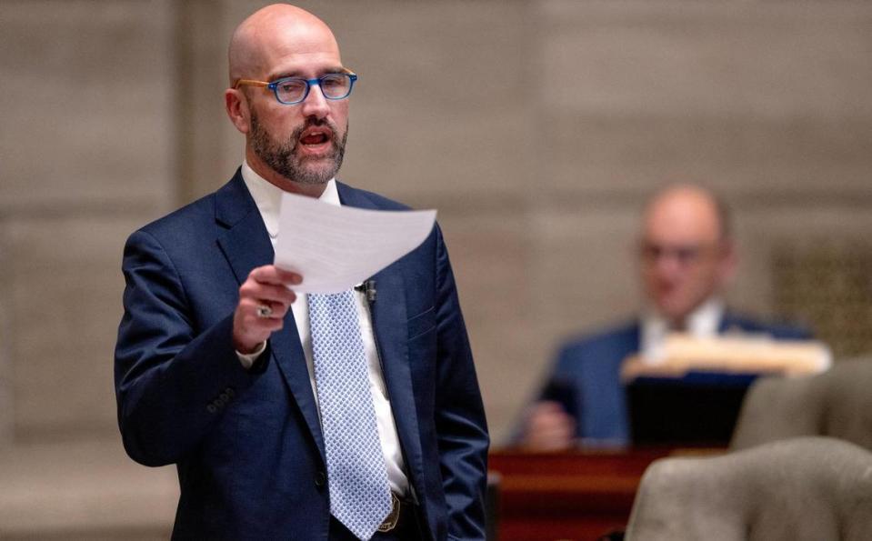 State Sen. Greg Razer, D-Kansas City, filibusters Senate Bill 49 on Tuesday, March 7, 2023, in Jefferson City. The bill, filed by state Sen. Mike Moon, an Ash Grove Republican, would ban all “gender transition procedures” for people under the age of 18 except for a few specific instances. Doctors who violate the restrictions could face professional discipline as well as lawsuits.