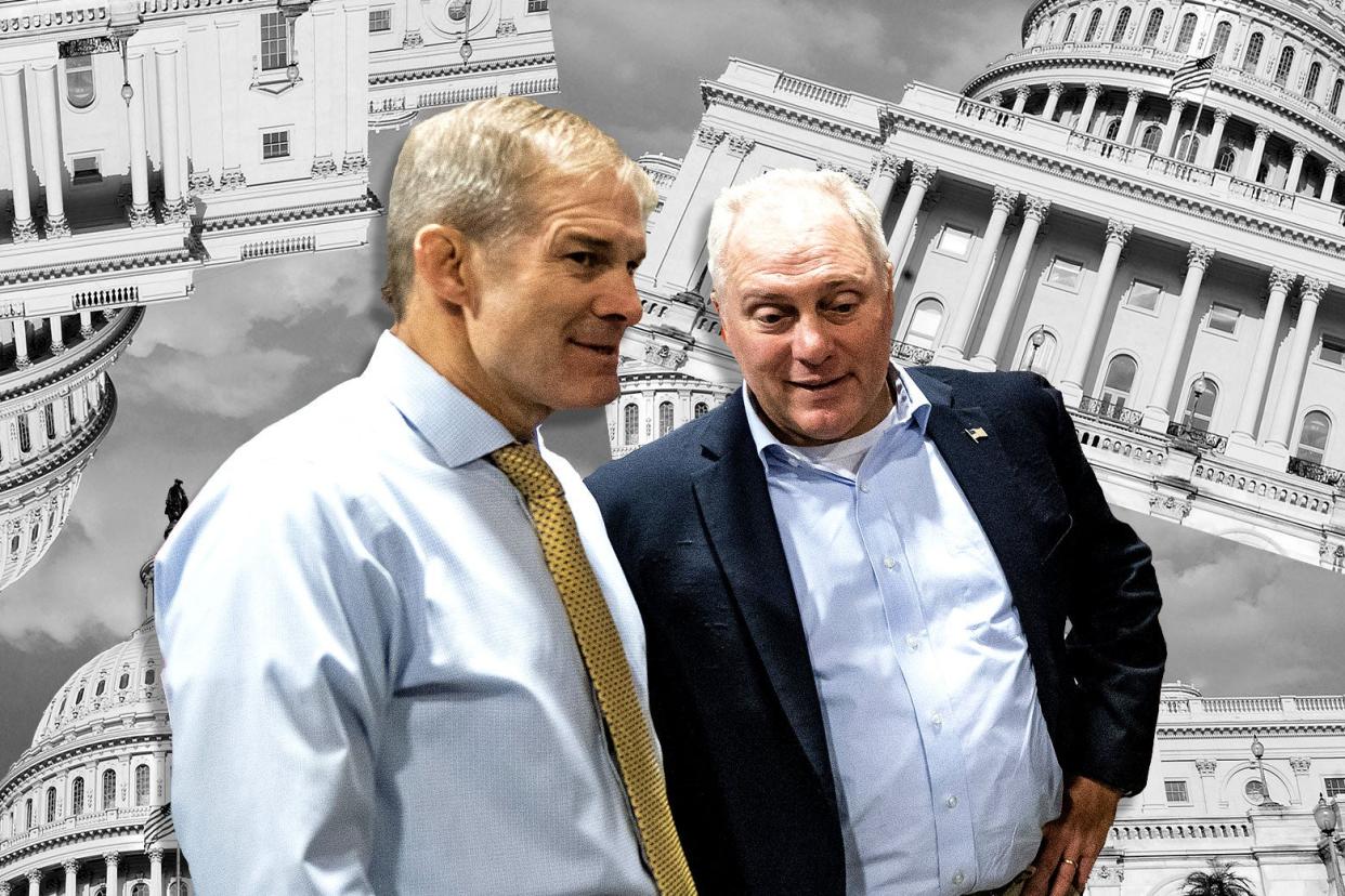 A photo illustration featuring Reps. Jim Jordan and Steve Scalise, with images of the Capitol Building upside down in the background.