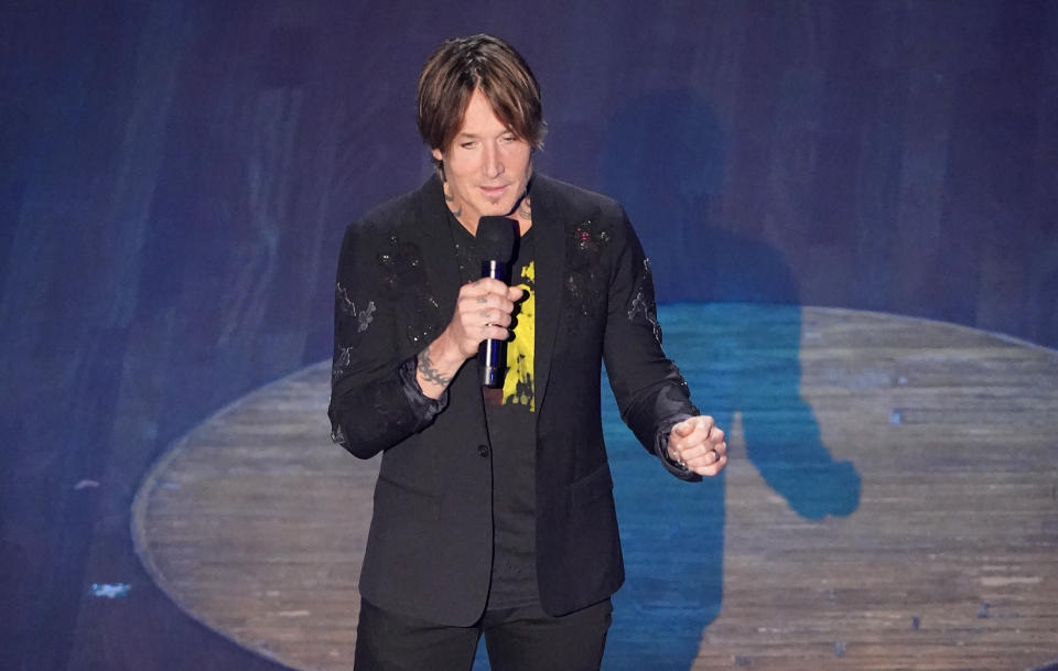Keith Urban speaks during the 55th annual Academy of Country Music Awards at the Grand Ole Opry House on Wednesday, Sept. 16, 2020, in Nashville, Tenn. (AP Photo/Mark Humphrey)