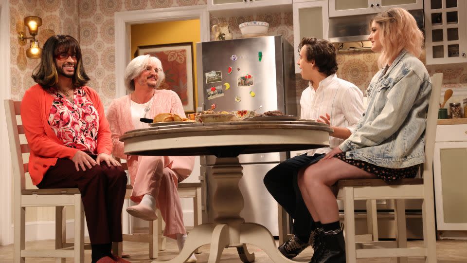 (From left) Bad Bunny, Pedro Pascal, Marcello Hernandez and Chloe Troast in the 'Protective Moms 2' sketch on 'SNL' in October. - WIll Heath/NBC