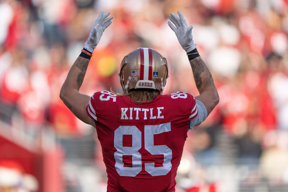 San Francisco 49ers tight end <a class="link " href="https://sports.yahoo.com/nfl/players/30259" data-i13n="sec:content-canvas;subsec:anchor_text;elm:context_link" data-ylk="slk:George Kittle;sec:content-canvas;subsec:anchor_text;elm:context_link;itc:0">George Kittle</a> (85). Mandatory Credit: Stan Szeto-USA TODAY Sports