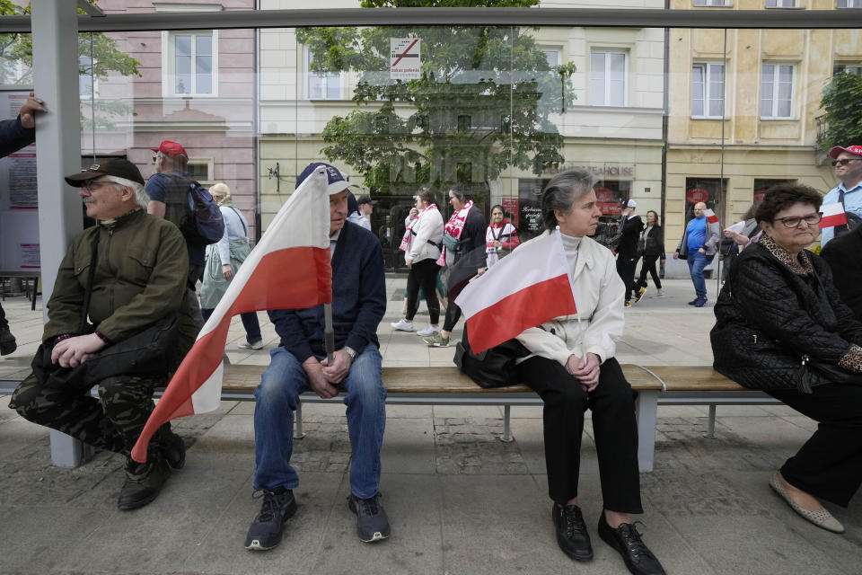 Polish farmers and other protesters gather in downtown Warsaw to protest the European Union's climate policies and Poland's pro-EU government, in Warsaw, Poland, Friday, May 10, 2024. (AP Photo/Czarek Sokolowski)