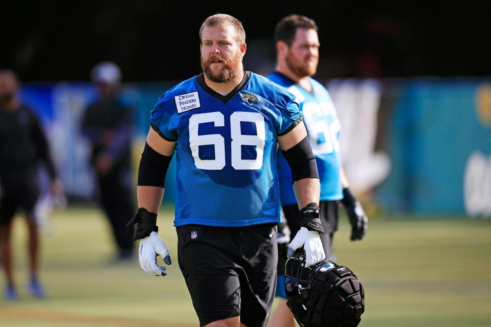 Jacksonville Jaguars guard Brandon Scherff (68) looks on during day 2 of the Jaguars Training Camp Tuesday, July 26, 2022 at the Knight Sports Complex at Episcopal School of Jacksonville. 