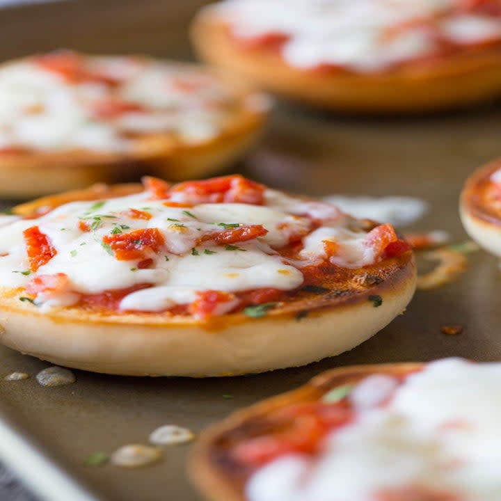 Homemade pepperoni pizza bagels.