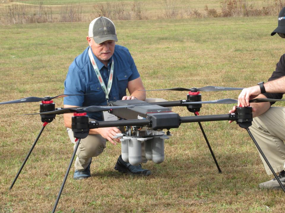 Tim Dunnigan attaches a configurable payload container known as Mjölnir to a small unmanned aircraft Thursday, Nov. 16, 2023, at The Range Complex in Autryville as part of the Global SOF Foundation's Modern Warfare Week.