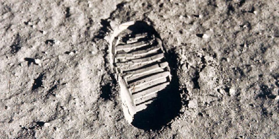 A footstep left behind by an astronaut's boot on the regolith on the moon.