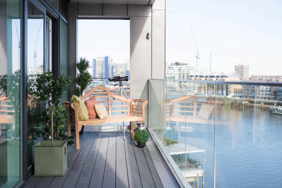 The balcony overlooks the Thames. (MyLo Fulham Riverside/Greystar/Movebubble)