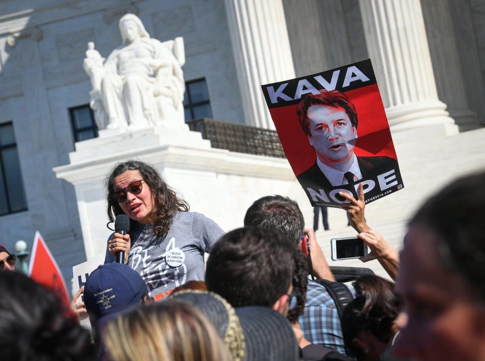 Ana Maria Archila, a candidate for lieutenant governor in New York, speaks at the protest against Brett Kavanaugh in front of the United States Supreme Court on Oct. 4, 2018.