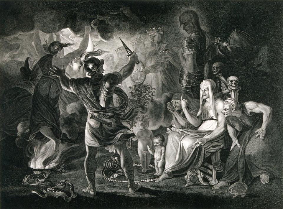 A black and white print of Macbeth, the three witches and Hecate in Shakespeare's Macbeth surrounded by eight kings in the shadows