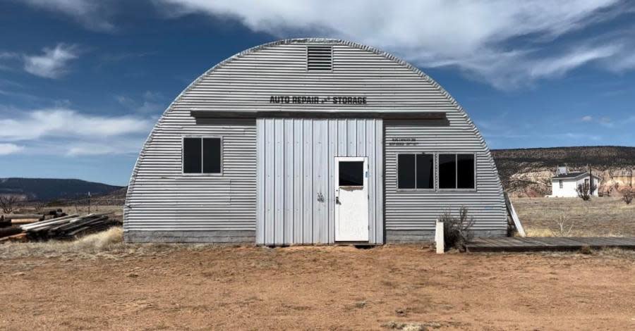 Auto repair and storage building on the set of “Oppenheimer” movie at Ghost Ranch. March 12, 2024. (KRQE Digital Reporter Fallon Fischer)