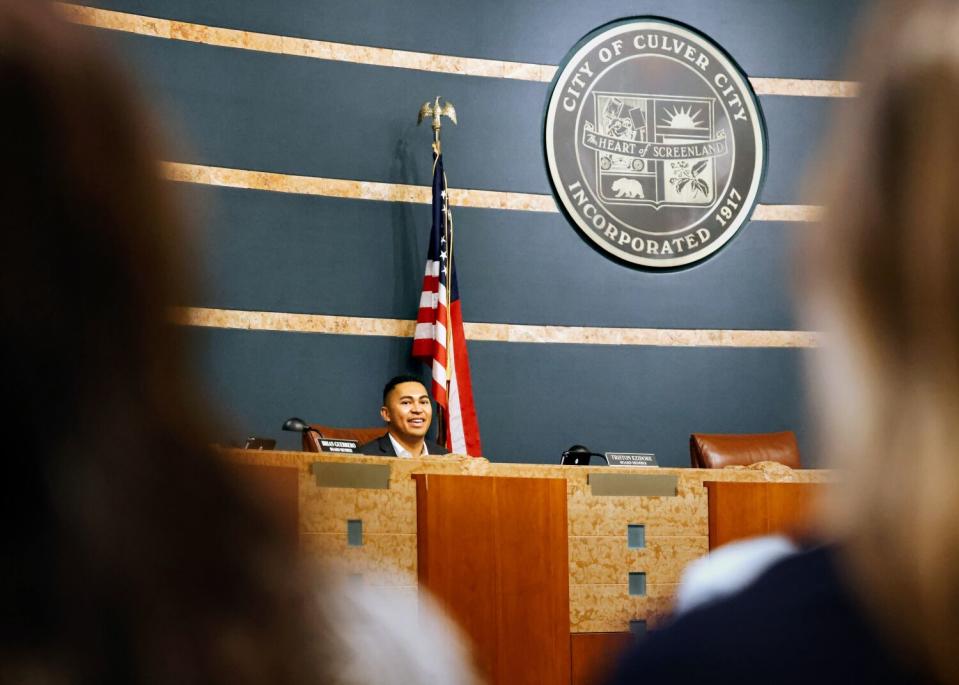 Triston Ezidore participates in a board meeting at City Hall in Culver City.