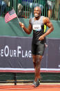 EUGENE, OR - JUNE 24: LaShawn Merritt celebrates celebrates after winning the men's 400 meter dash final during Day Three of the 2012 U.S. Olympic Track & Field Team Trials at Hayward Field on June 24, 2012 in Eugene, Oregon. (Photo by Andy Lyons/Getty Images)