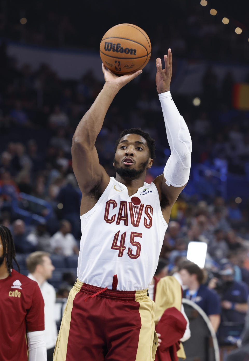 Nov 8, 2023; Oklahoma City, Oklahoma, USA; Cleveland Cavaliers guard Donovan Mitchell (45) warms up before a game against the Oklahoma City Thunder at Paycom Center. Mandatory Credit: Alonzo Adams-USA TODAY Sports