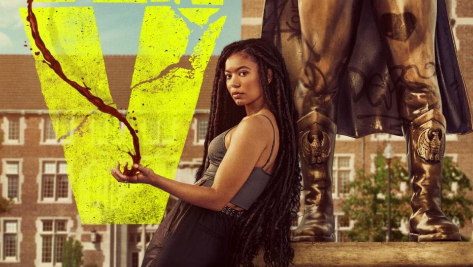 Gen V teaser art with Jaz Sinclair as Marie standing against a homelander statue with blood coming from her hand