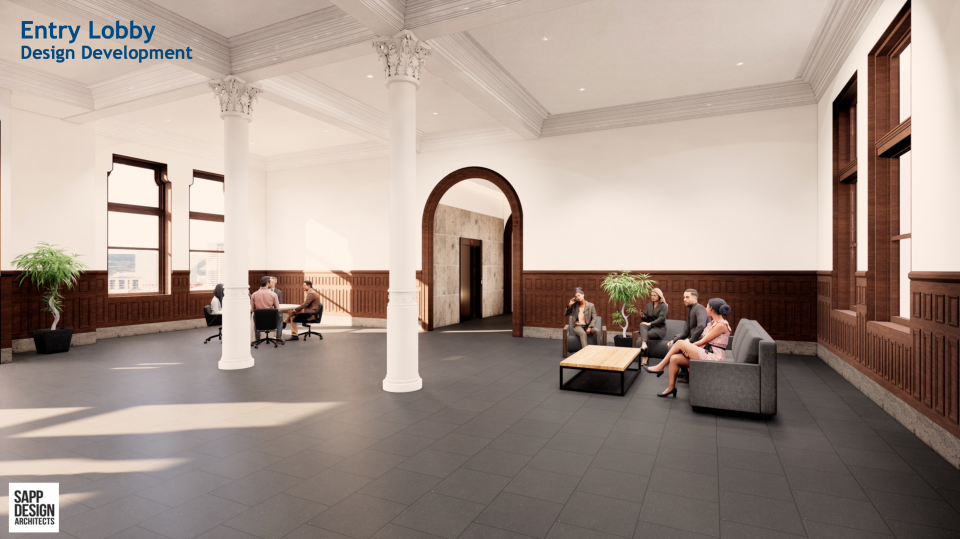 A rendering of the preliminary design of the first floor lobby at the rehabilitated Historic City Hall.