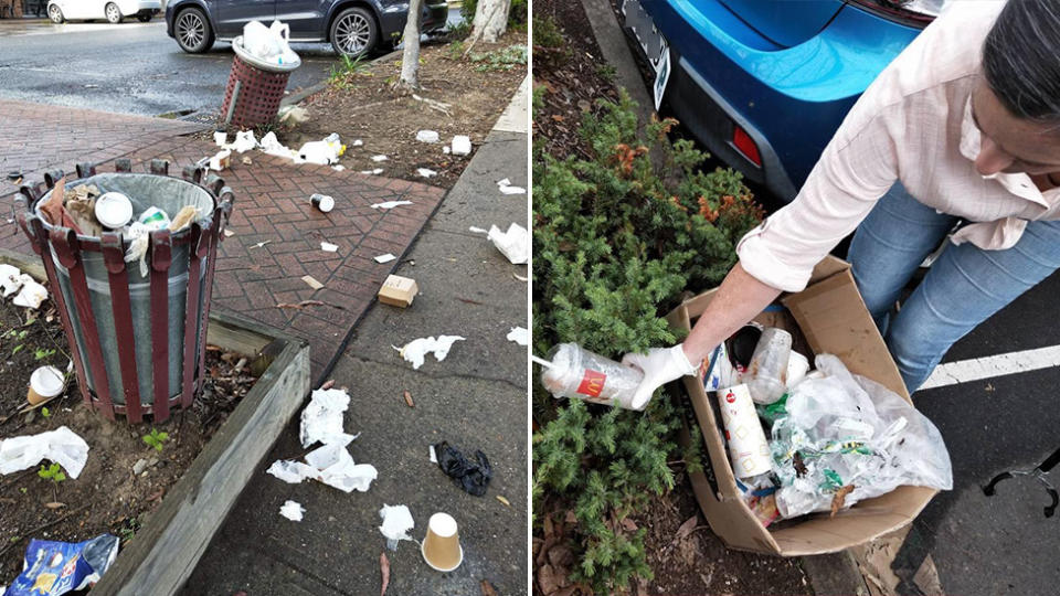 Anita Horan came across rubbish spilling out of the bins and on to the street, prompting her to return with gloves and clean it up. Source: Supplied/Anita Horan