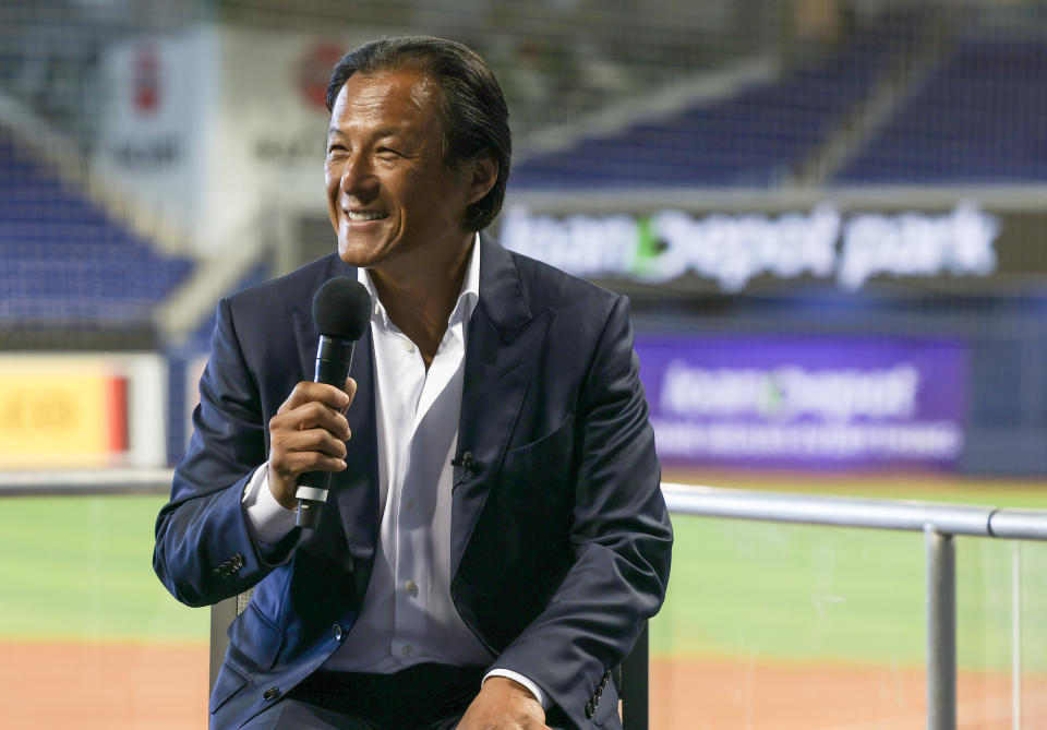 MIAMI, FLORIDA - MARCH 31: loanDepot Founder and CEO Anthony Hsieh speaking to the media to announce loanDepot as the exclusive naming rights partner for loanDepot park formerly known as Marlins Park home of the Miami Marlins on March 31, 2021 in Miami, Florida. (Photo by Mark Brown/Getty Images) (Photo by Mark Brown/Getty Images)