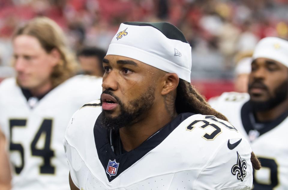 Aug 10, 2024; Glendale, Arizona, USA; New Orleans Saints safety Roderic Teamer (30) against the Arizona Cardinals during an NFL preseason game at State Farm Stadium. Mandatory Credit: Mark J. Rebilas-USA TODAY Sports