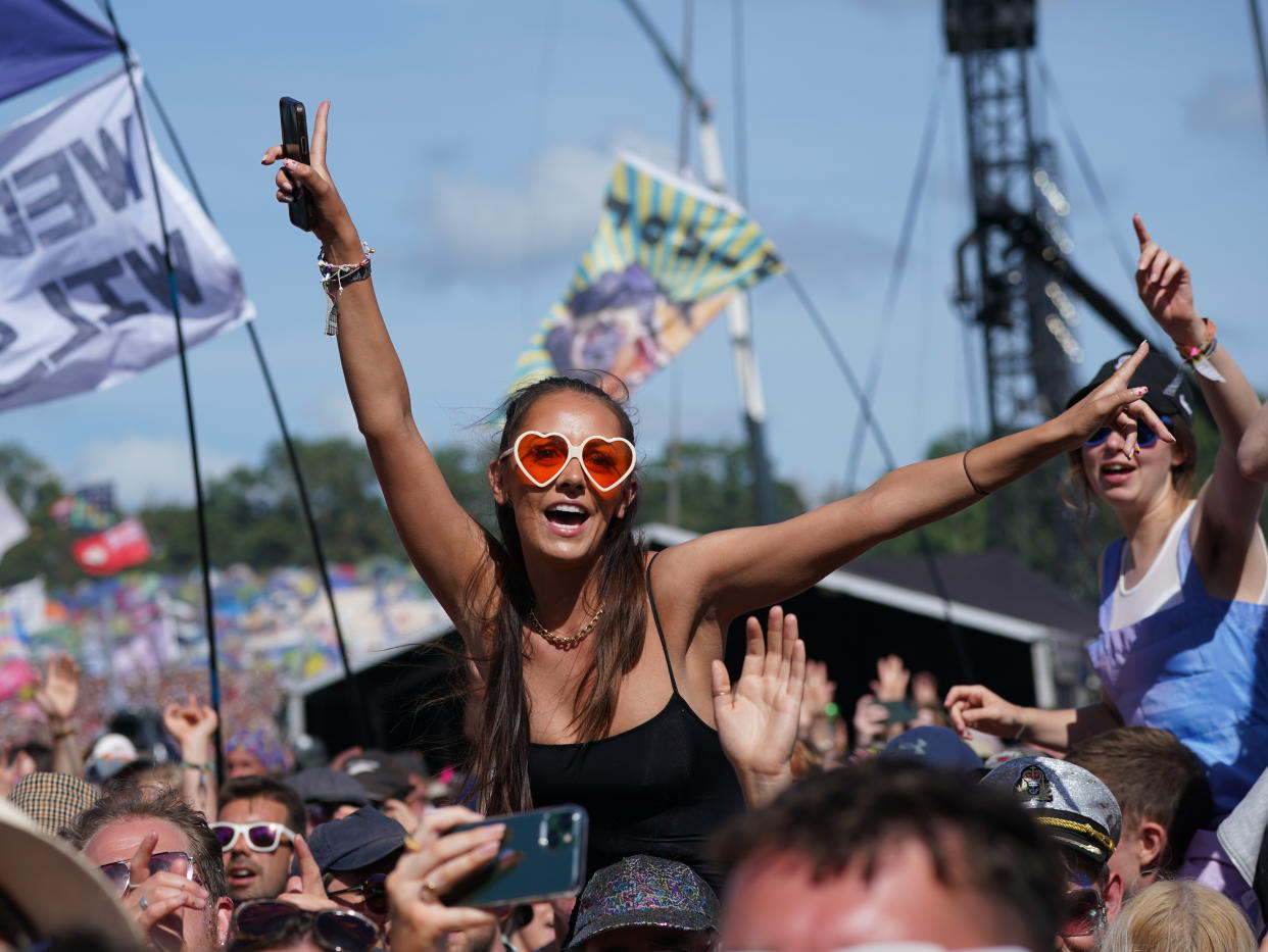 The crowd watch soul singer Diana Ross fill the Sunday teatime legends slot on the Pyramid Stage during the Glastonbury Festival at Worthy Farm in Somerset. Picture date: Sunday June 26, 2022. (Photo by Yui Mok/PA Images via Getty Images)