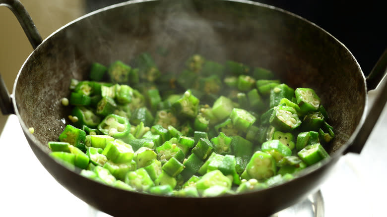 sauteing fried okra in skillet