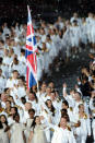 LONDON, ENGLAND - JULY 27: Sir Chris Hoy of the Great Britain Olympic cycling team carries his country's flag during the Opening Ceremony of the London 2012 Olympic Games at the Olympic Stadium on July 27, 2012 in London, England. (Photo by Laurence Griffiths/Getty Images)