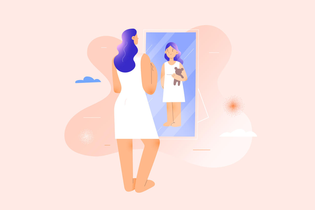 Woman seeing herself as child girl in mirror reflexion, inner child psychology therapy concept, inner child concept, childlike behaviour, mental health psychotherapy, modern vector illustration