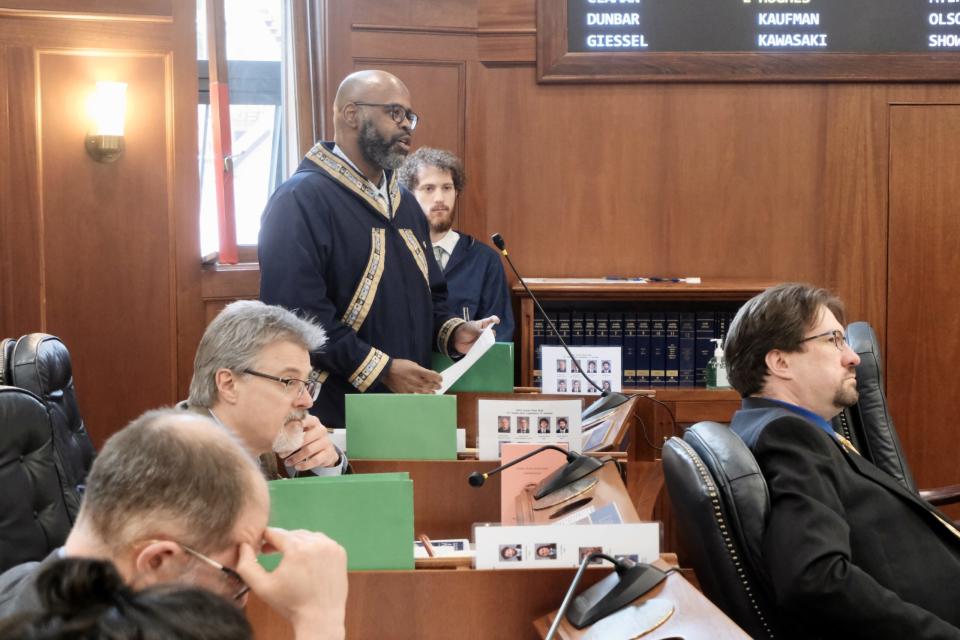 Sen. David Wilson, R-Wasilla, speaks in support of a bill that would grant temporary permits for nurses with lapsed licenses on May 10, 2024. (Photo by Claire Stremple/Alaska Beacon)