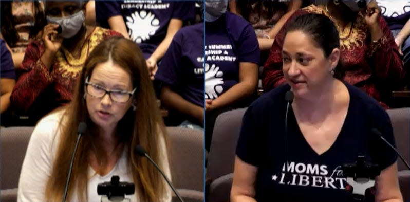 Jenifer Kelly, left, and Anna Hannon spoke against the COVID-19 vaccine being given out door-to-door at the Volusia County Council meeting on July 20, 2021.