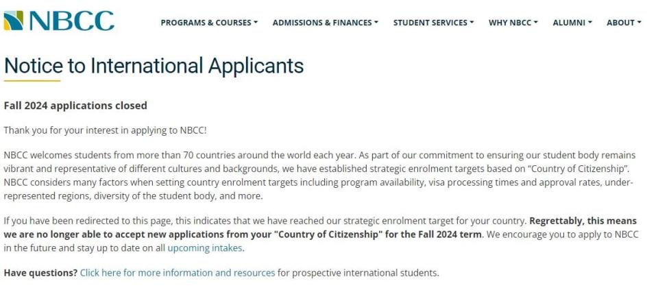 A screenshot from the NBCC international student application page on their website shows this notice when students select that they are from Nigeria or Ghana.