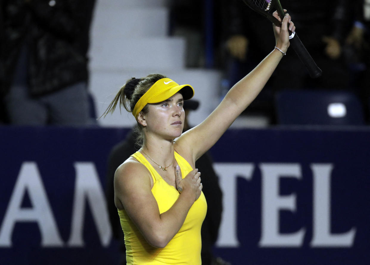 Tennis - WTA 250 - Monterrey Open - Club Sonoma, Monterrey, Mexico - March 1, 2022 Ukraine's Elina Svitolina celebrates after winning her first round match against Anasatsia Potapova REUTERS/Daniel Becerril