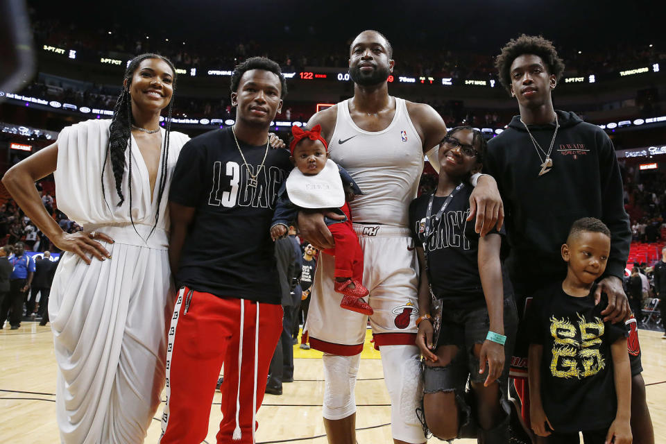 Dwyane Wade, Gabrielle Union, nephew, Dahveon Morris, and children, Kaavia James Union Wade, Zaire Wade, Xavier Wade and  Zion Wade. (Michael Reaves / Getty Images)