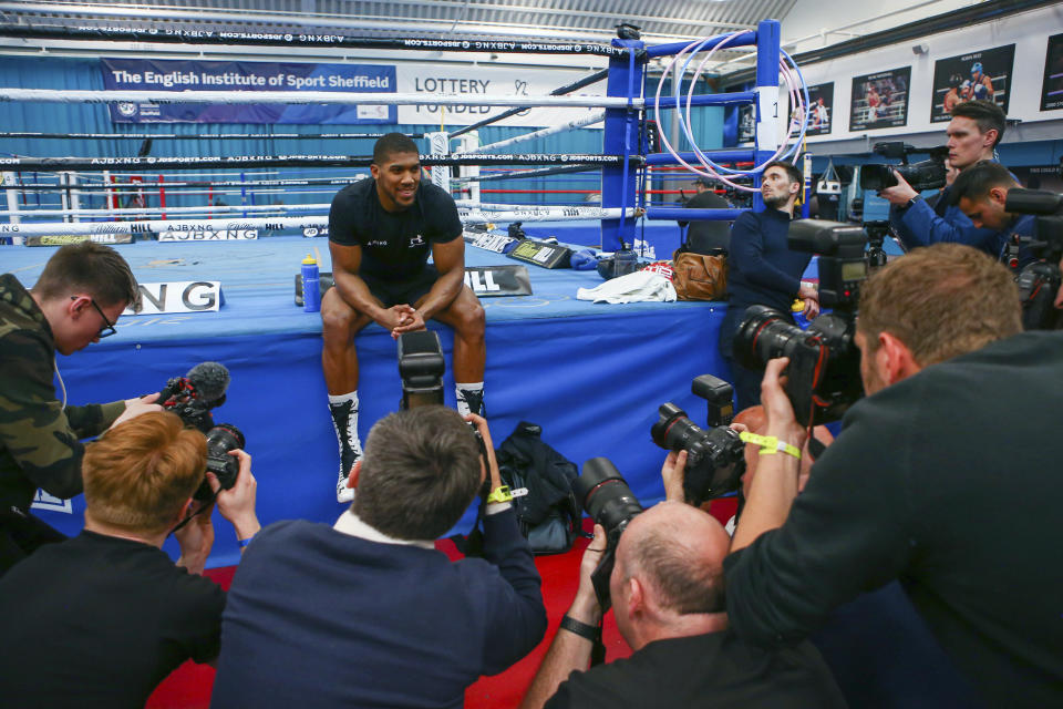 British boxer Anthony Joshua poses for photographers ahead of his fight against Andy Ruiz Jr. (AP)