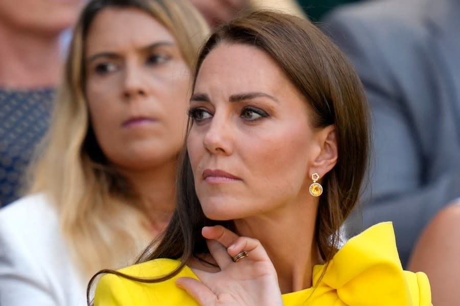 FILE – Britain’s Kate, Duchess of Cambridge sits in the Royal Box for the final of the women’s singles between Tunisia’s Ons Jabeur and Kazakhstan’s Elena Rybakina on day thirteen of the Wimbledon tennis championships in London, Saturday, July 9, 2022. (AP Photo/Kirsty Wigglesworth, File)