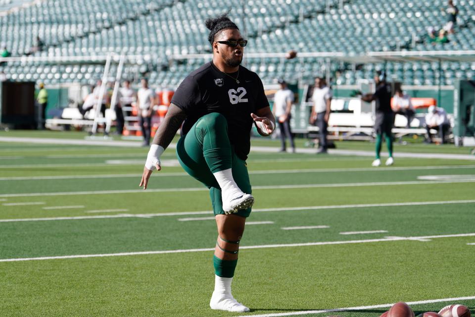 Oct 22, 2022; Waco, Texas, USA; Baylor Bears defensive lineman Siaki Ika (62) warms up before the game against the Kansas Jayhawks at McLane Stadium. Mandatory Credit: Chris Jones-USA TODAY Sports