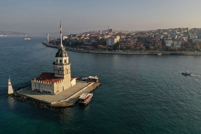 Drone footage reveals Maiden's Tower, an islet on the Bosphorus which dates back to 341 B.C. during a two-day curfew which was imposed to prevent the spread of the coronavirus disease (COVID-19), in Istanbul