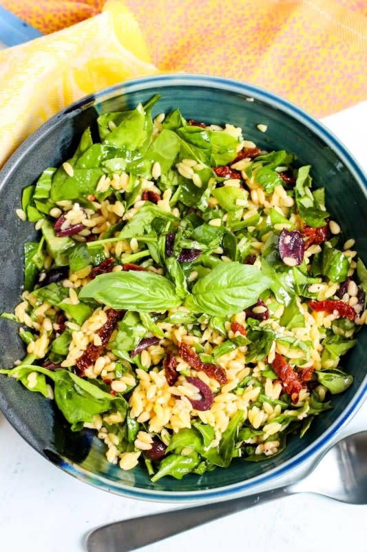 <p>Veggies Save the Day</p><p>Vegan Spinach Orzo Salad is loaded with Mediterranean flavors from sun-dried tomatoes, olives, and pine nuts. It's easy to make in under 45 minutes with only 9 ingredients. It's a delicious alternative to traditional pasta salad.</p><p><strong>Get the recipe: </strong><a href="https://www.veggiessavetheday.com/spinach-orzo-salad/?fbclid=IwAR0ULPNtgni2ieTth8qm23yujfELpQ4m_lJjqjkeMy6A05LB1KtacoaHIV4" rel="nofollow noopener" target="_blank" data-ylk="slk:Vegan Mediterranean Spinach Orzo Salad;elm:context_link;itc:0;sec:content-canvas" class="link "><strong>Vegan Mediterranean Spinach Orzo Salad</strong></a></p>