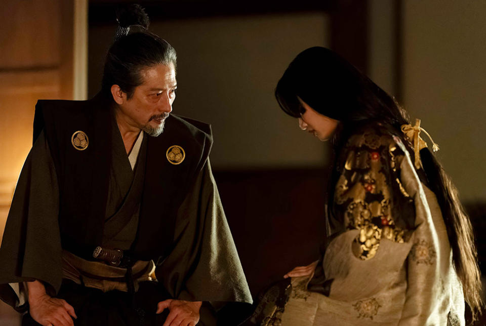 Hiroyuki Sanada as Yoshii Toranaga, Anna Sawai as Toda Mariko in Shogun